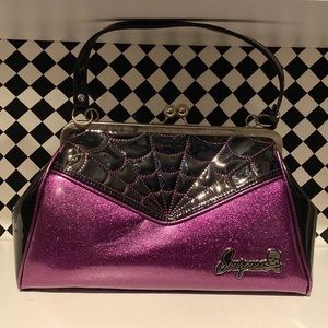 Sourpuss, black and purple spiderweb purse